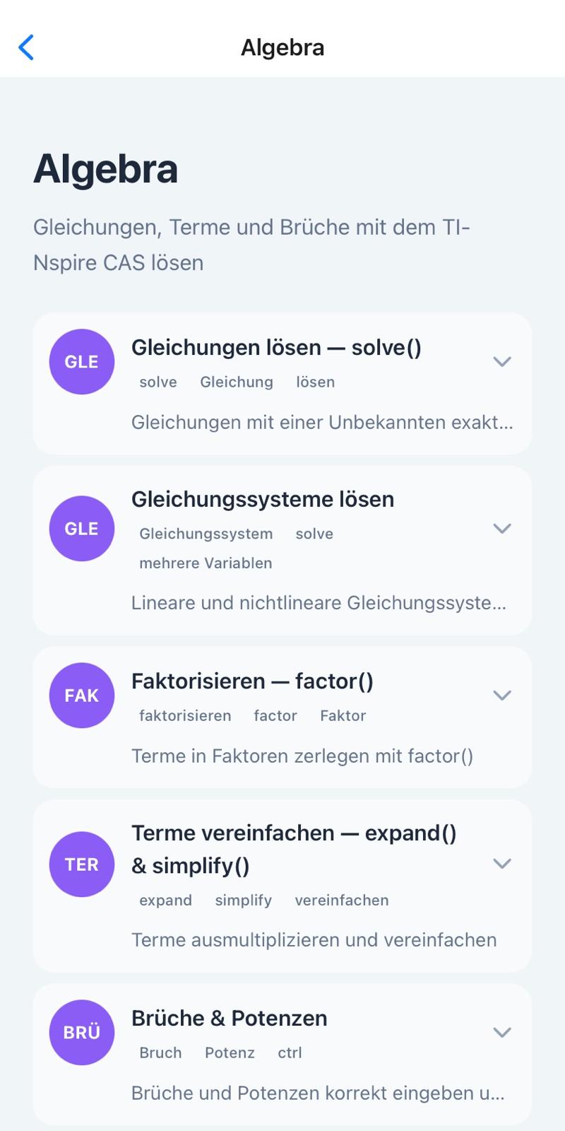 CASify: Algebra-Übersicht